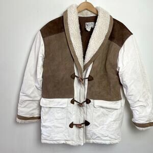 Vintage 90s Western Workwear Barn Coat Medium Cotton Canvas Suede Sherpa Trim